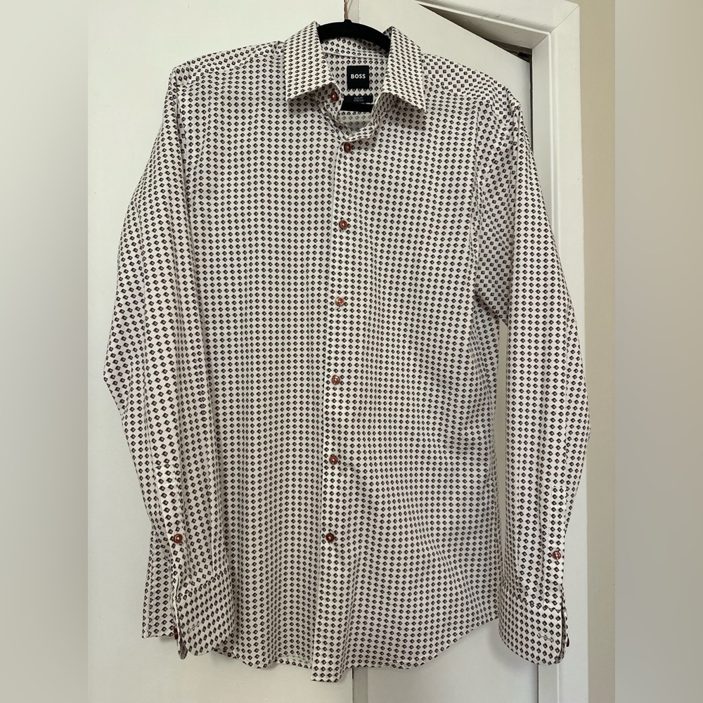 NEW Hugo BOSS Men's 100% Cotton Geometric Patterned Shirt 42R (slim fit)